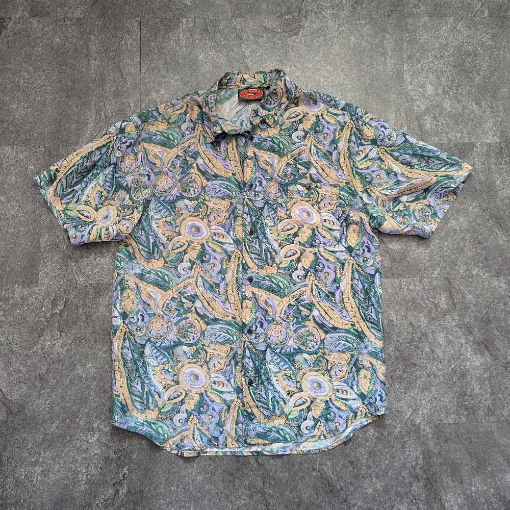 Vintage Back to Basics muted abstract floral 100% silk button up shirt medium